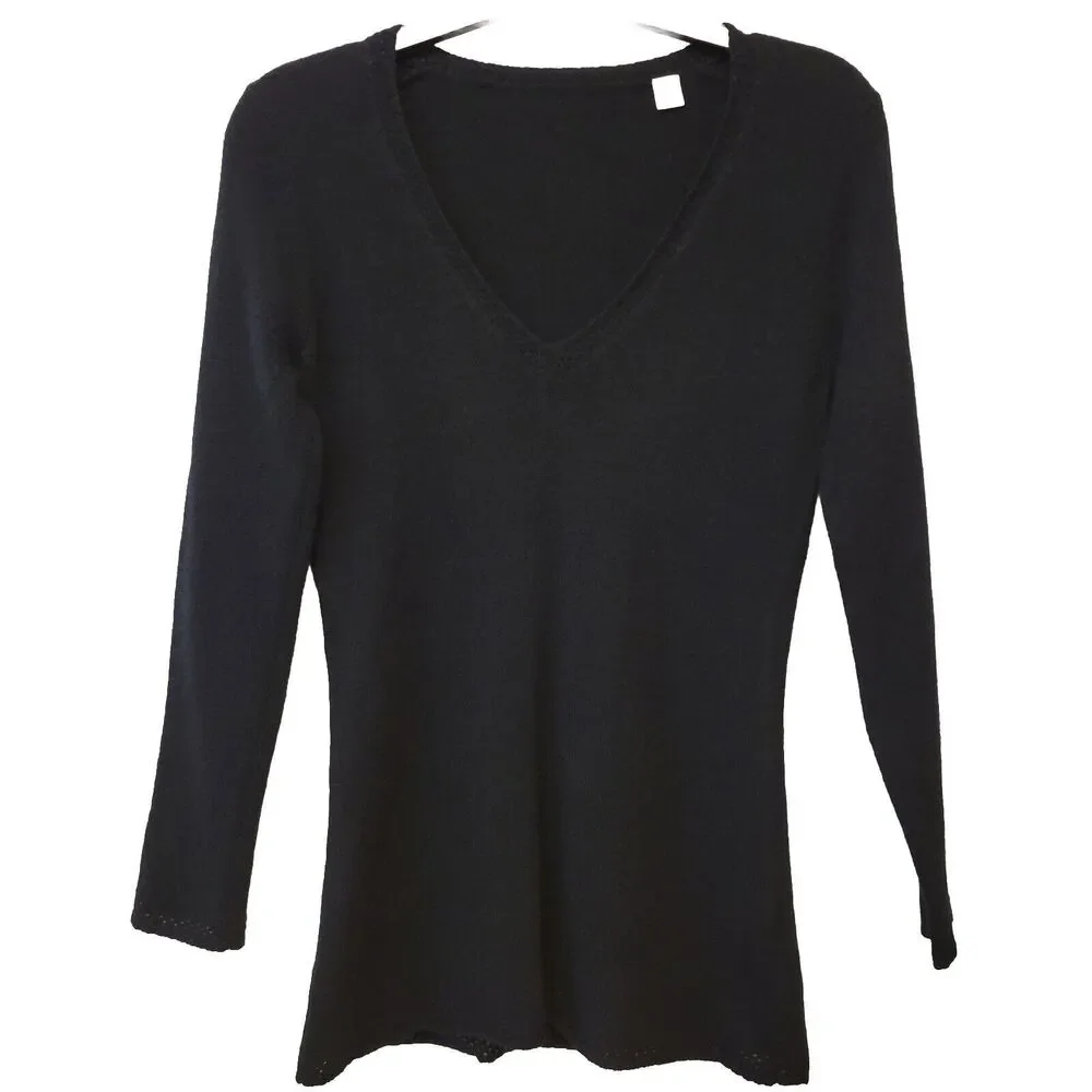 100% Cashmere V-neck Black Azure Finish Long Sleeve Women Sz XS Sweater